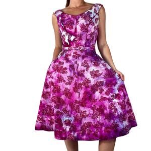 Vintage 1950s Fit & Flare Floral Dress Pink Purple Ice Dye Reworked Cotton Small